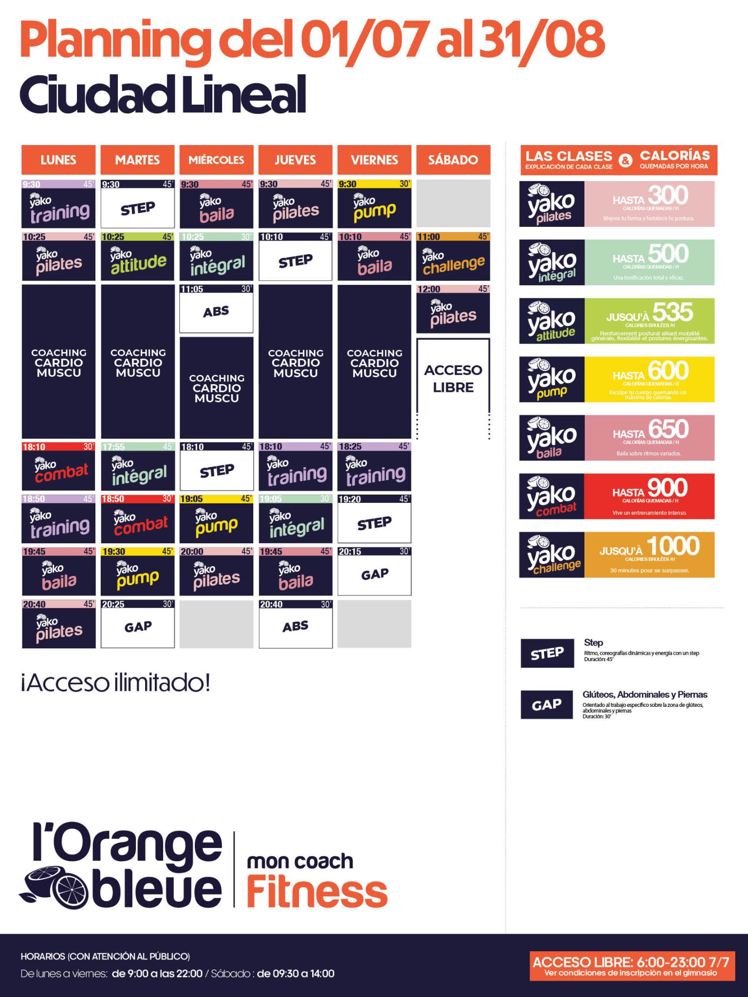 planning clases dirigidas verano gimnasio l'orange bleue ciudad lineal